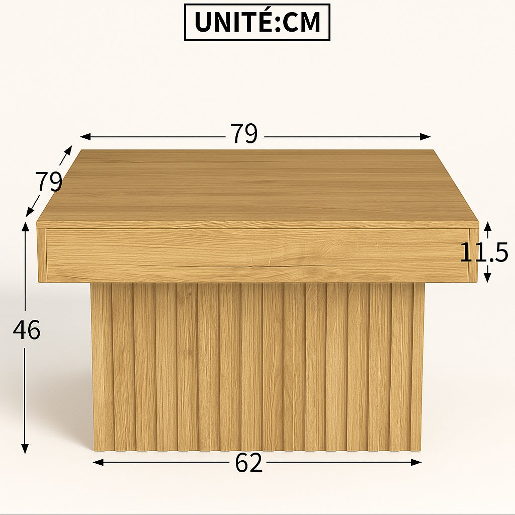 Dimensions détaillées d’une table basse en bois carrée 79x79 cm pour salon contemporain.