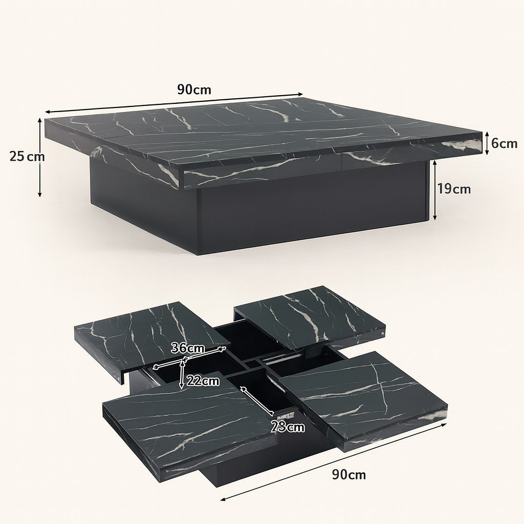 Dimensions détaillées de la table basse design avec rangement, plateau noir effet marbre.