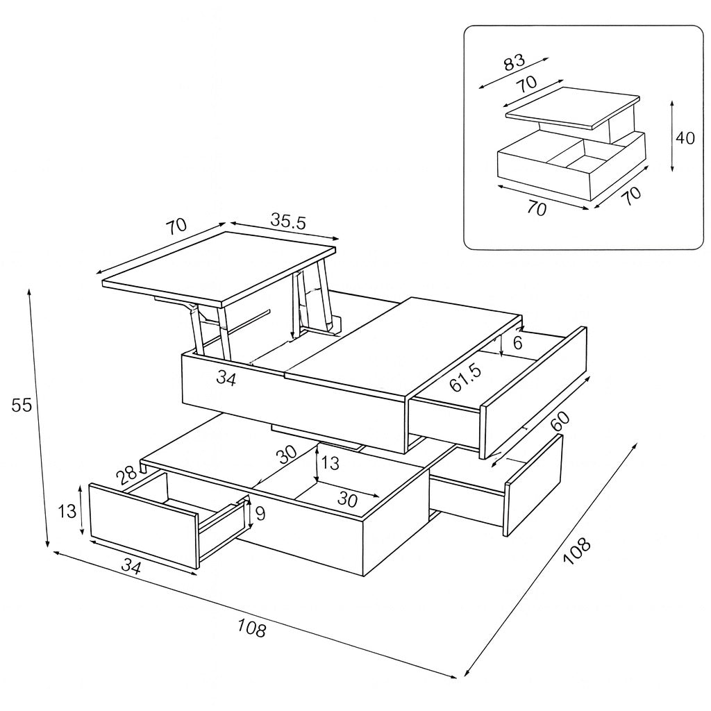 Dimensions détaillées de la table basse design blanche avec rangements et plateau relevable.