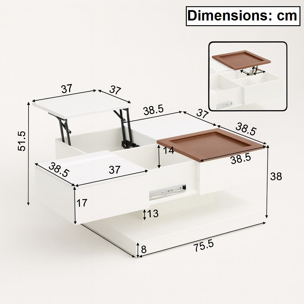 Dimensions détaillées de la table basse relevable blanche Evolia, modèle carré avec plateau relevable pratique.