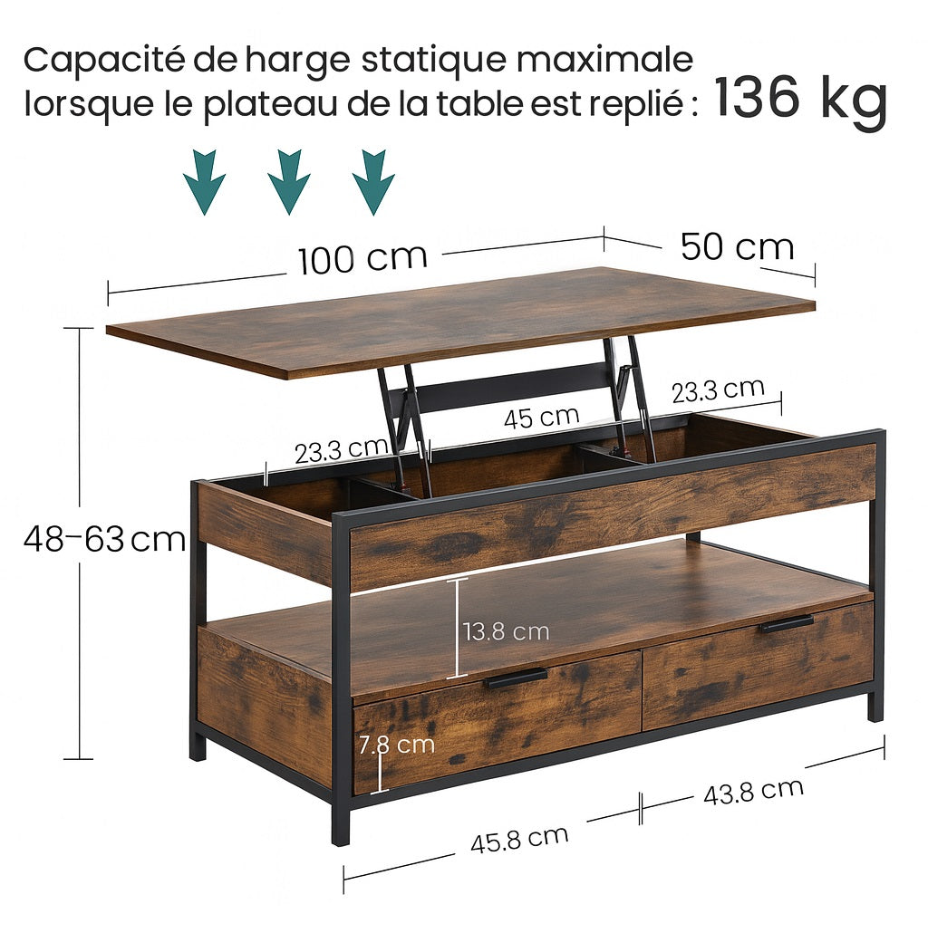 Dimensions détaillées de la table basse relevable en bois et métal Rustika, design robuste et fonctionnel.