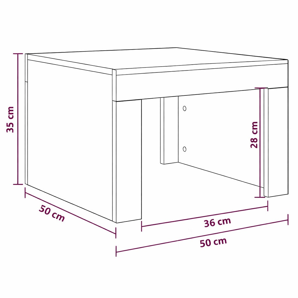 Table basse carrée 50×50 cm, hauteur 35 cm, schéma technique avec dimensions détaillées