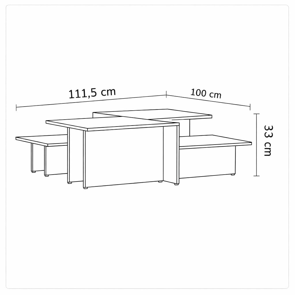 Dimensions table basse design noire modulable 111,5 x 100 cm, hauteur 33 cm, parfaite pour salon moderne.