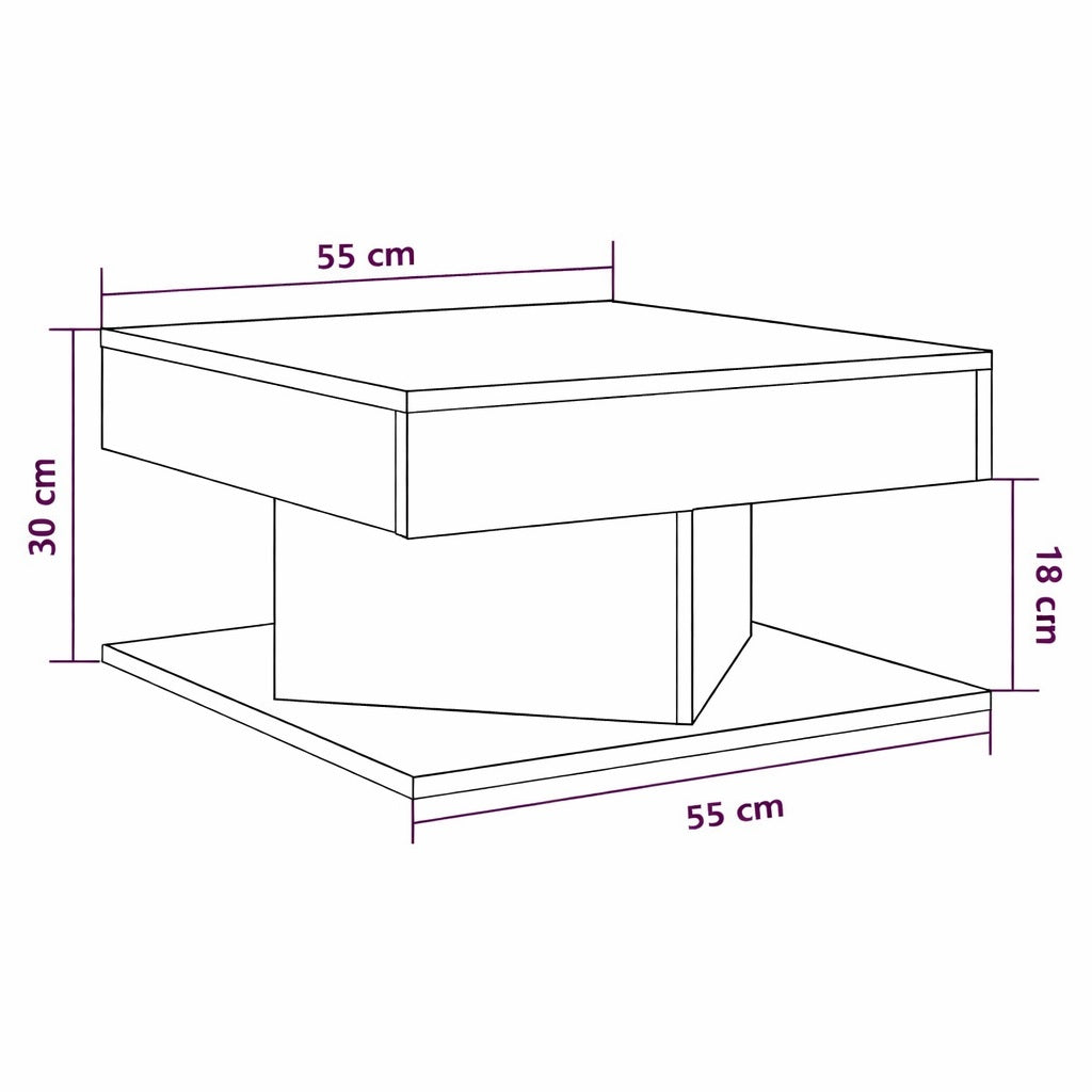 Dimensions de la table basse en bois carrée 55 cm, table basse de salon compacte et équilibrée.