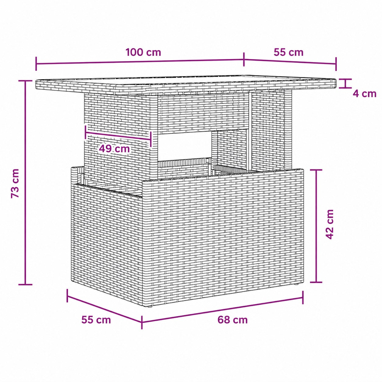 Dimensions table basse de jardin relevable en résine tressée avec plateau en verre extérieur