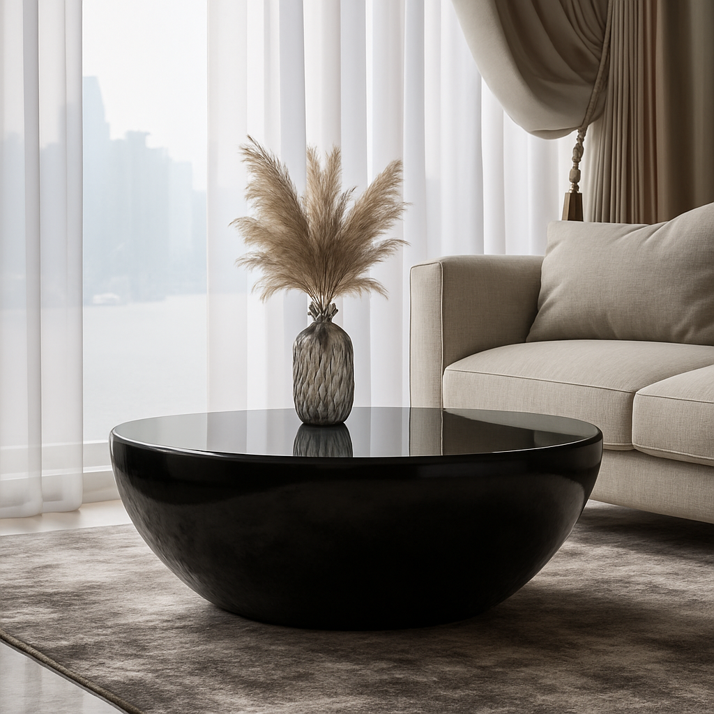 Table basse ronde noire au design moderne dans un salon élégant, décorée d’un vase avec des pampas séchées.