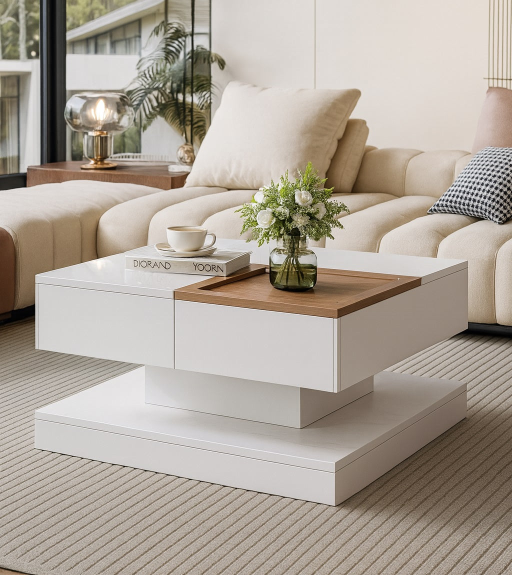Table basse blanche moderne avec plateau bois, design épuré pour salon contemporain et élégant