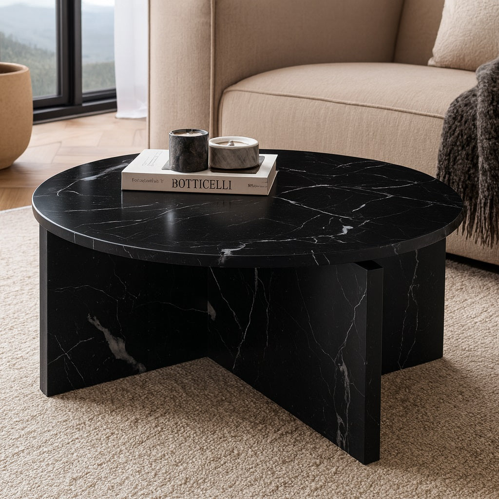 Table basse ronde en marbre noir dans un salon moderne et raffiné, posée sur un tapis beige élégant.