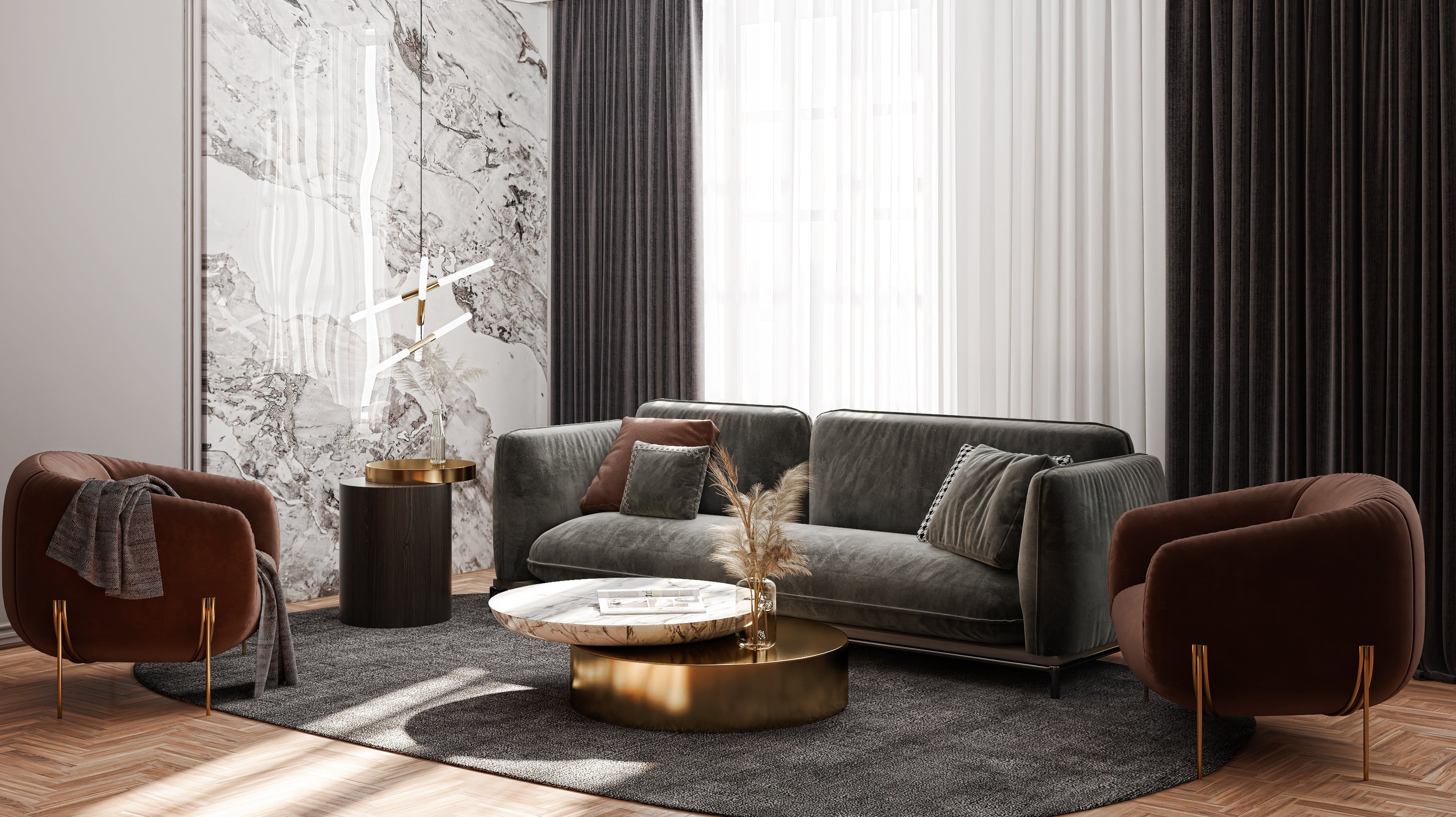 Table basse ronde en marbre et métal doré dans un salon élégant et moderne au design raffiné.