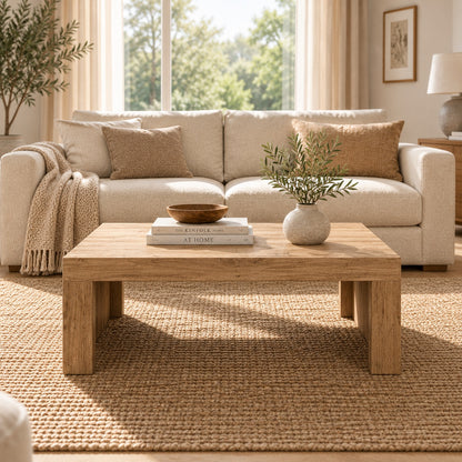 Table basse en bois massif dans salon lumineux, vue de face
