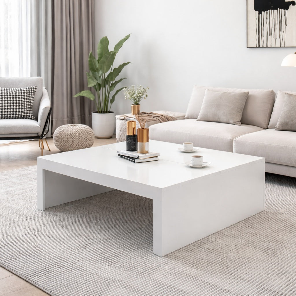 Table basse blanche dans un salon moderne, table basse de salon élégante et minimaliste au design épuré