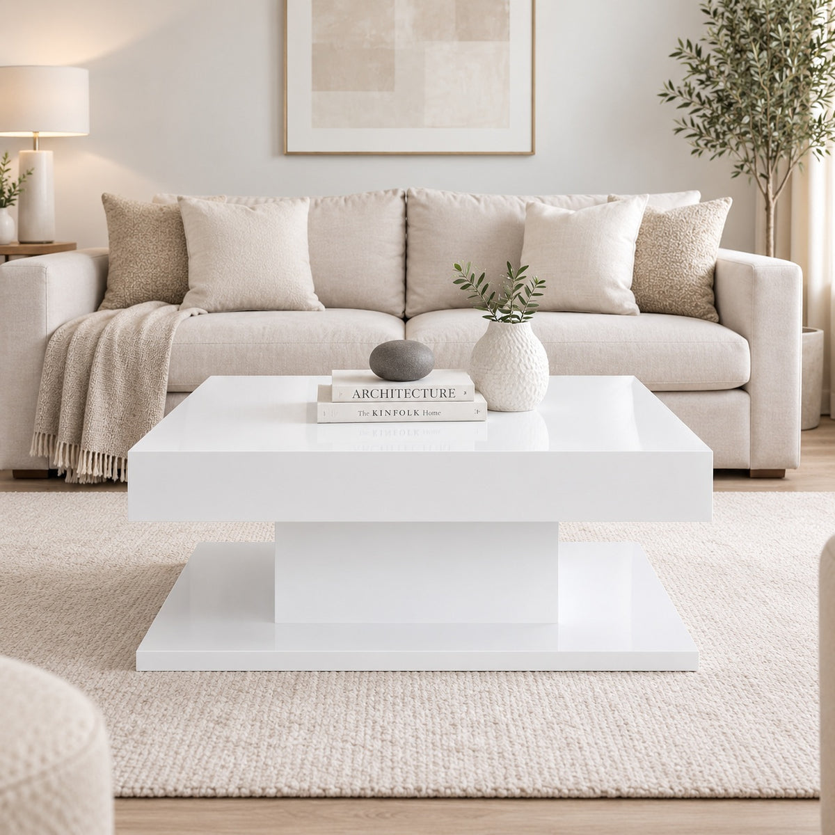 Table basse design blanche dans un salon lumineux, parfaite comme table basse de salon contemporaine, vue de face.