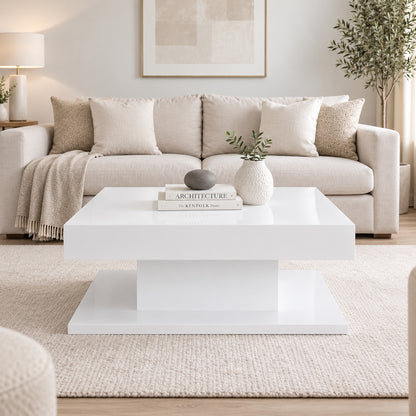 Table basse design blanche dans un salon lumineux, parfaite comme table basse de salon contemporaine, vue de face.