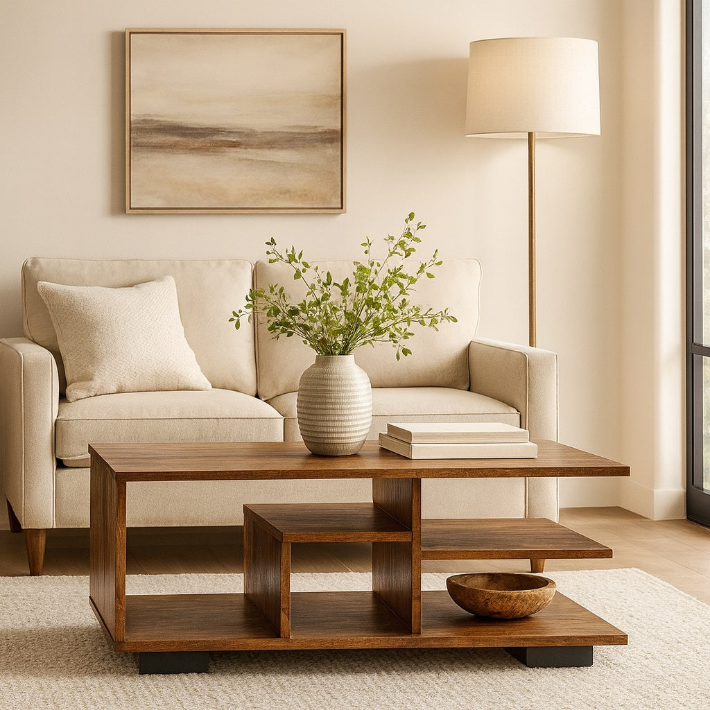 Table basse en bois rectangle dans un salon cosy, idéale pour rangement et décoration moderne.