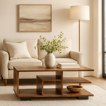 Table basse en bois rectangle dans un salon cosy, idéale pour rangement et décoration moderne.