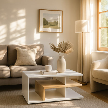 Table blanche en bois design scandinave avec déco naturelle et ambiance cosy.