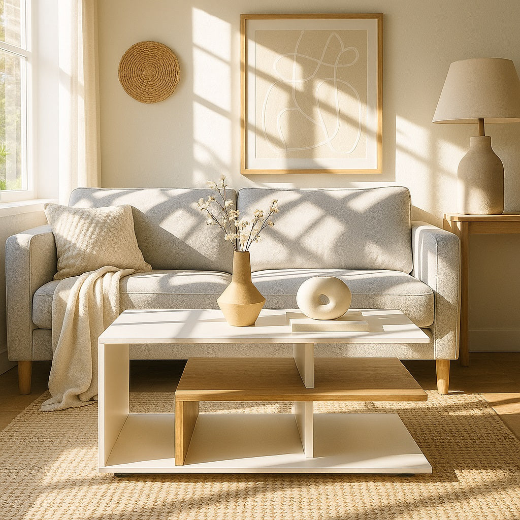 Table basse blanche en bois dans salon lumineux au style nordique et épuré.