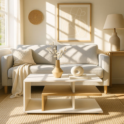 Table basse blanche en bois dans salon lumineux au style nordique et épuré.