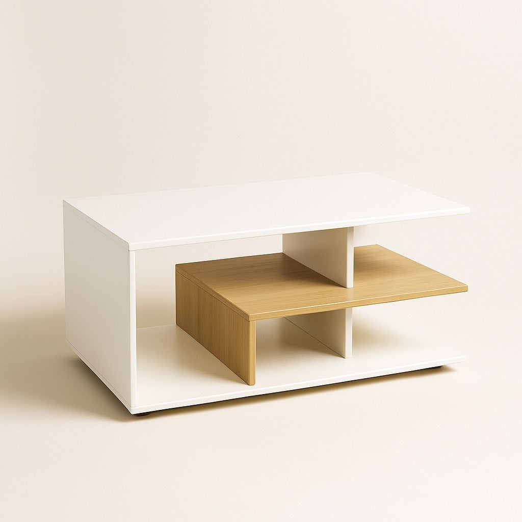 Table basse blanche moderne en bois avec double plateau design minimaliste et finition mate.