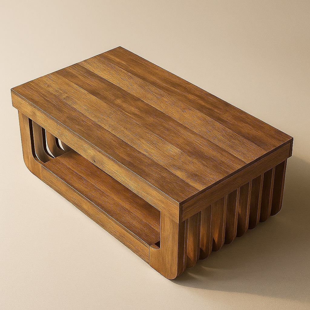 Table basse en bois design vue du dessus, lignes sculptées et plateau rectangulaire élégant.