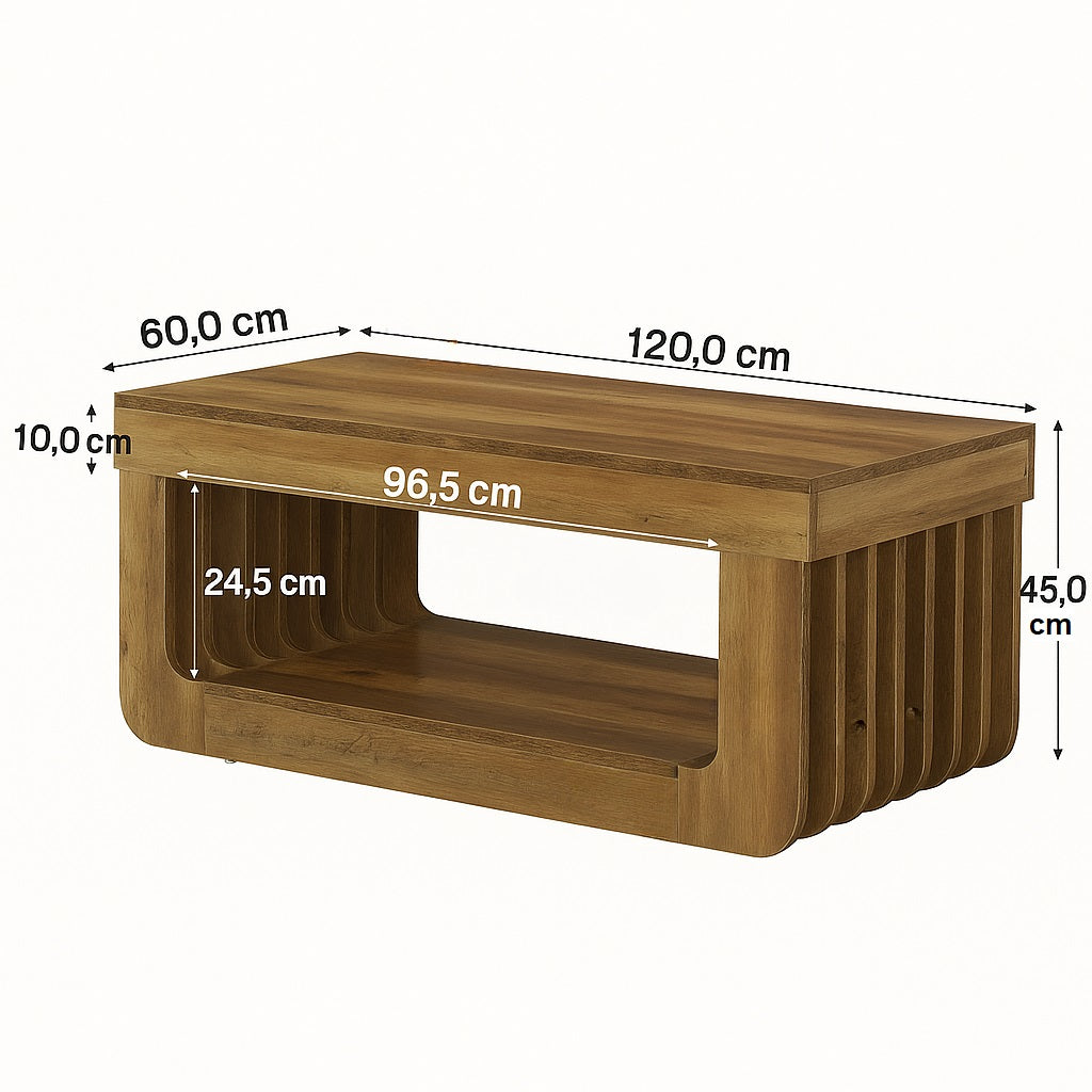 Dimensions détaillées d’une table basse en bois design moderne, 120x60 cm avec rangement bas.