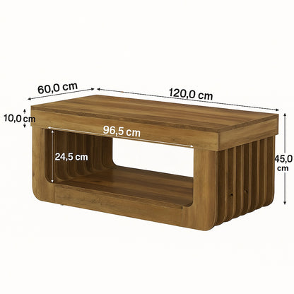 Dimensions détaillées d’une table basse en bois design moderne, 120x60 cm avec rangement bas.