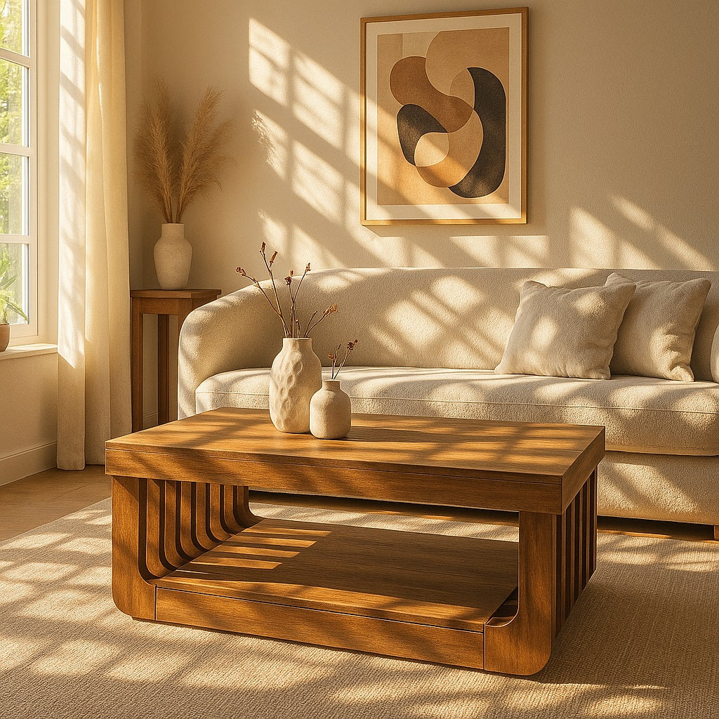 Table basse en bois design dans un intérieur chaleureux avec canapé clair et lumière naturelle.