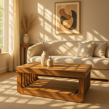 Table basse en bois design dans un intérieur chaleureux avec canapé clair et lumière naturelle.