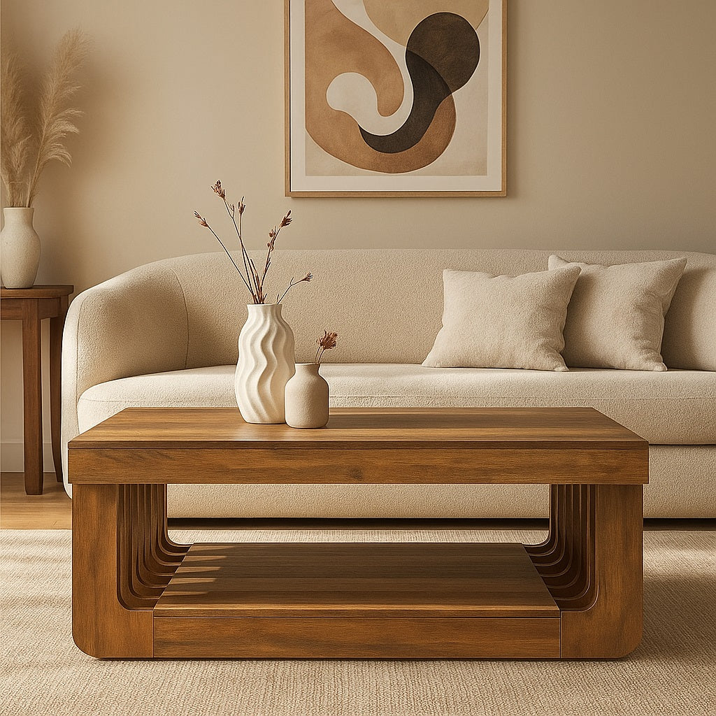 Table basse en bois design dans salon beige lumineux, style naturel et contemporain.