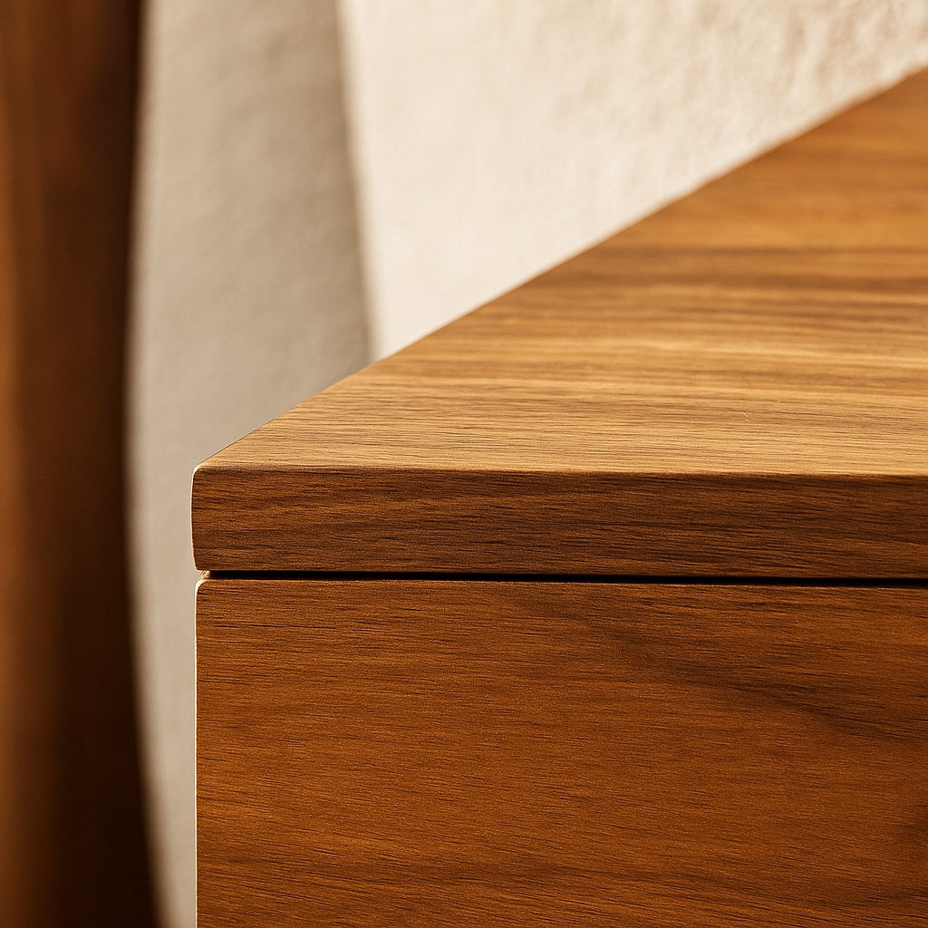 Détail du bois d’une table basse design, texture naturelle et finition lisse haut de gamme.