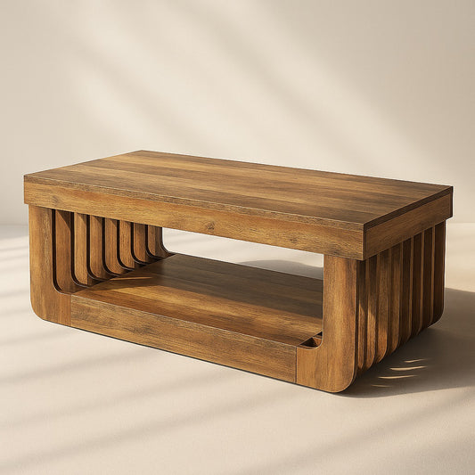 Table basse en bois design rectangulaire avec étagère, style moderne et finition chêne miel.