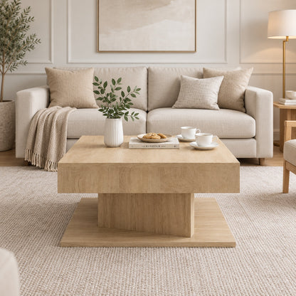 Table basse en bois chêne clair dans un salon lumineux, vue de face