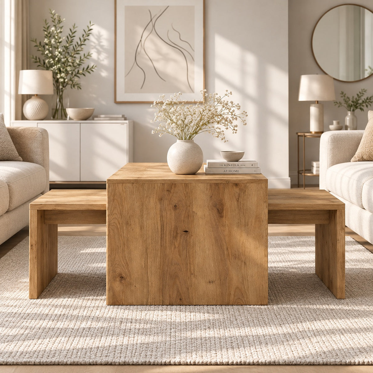 Table basse en bois design avec éléments gigognes, vue de face dans un salon moderne aux tons naturels.