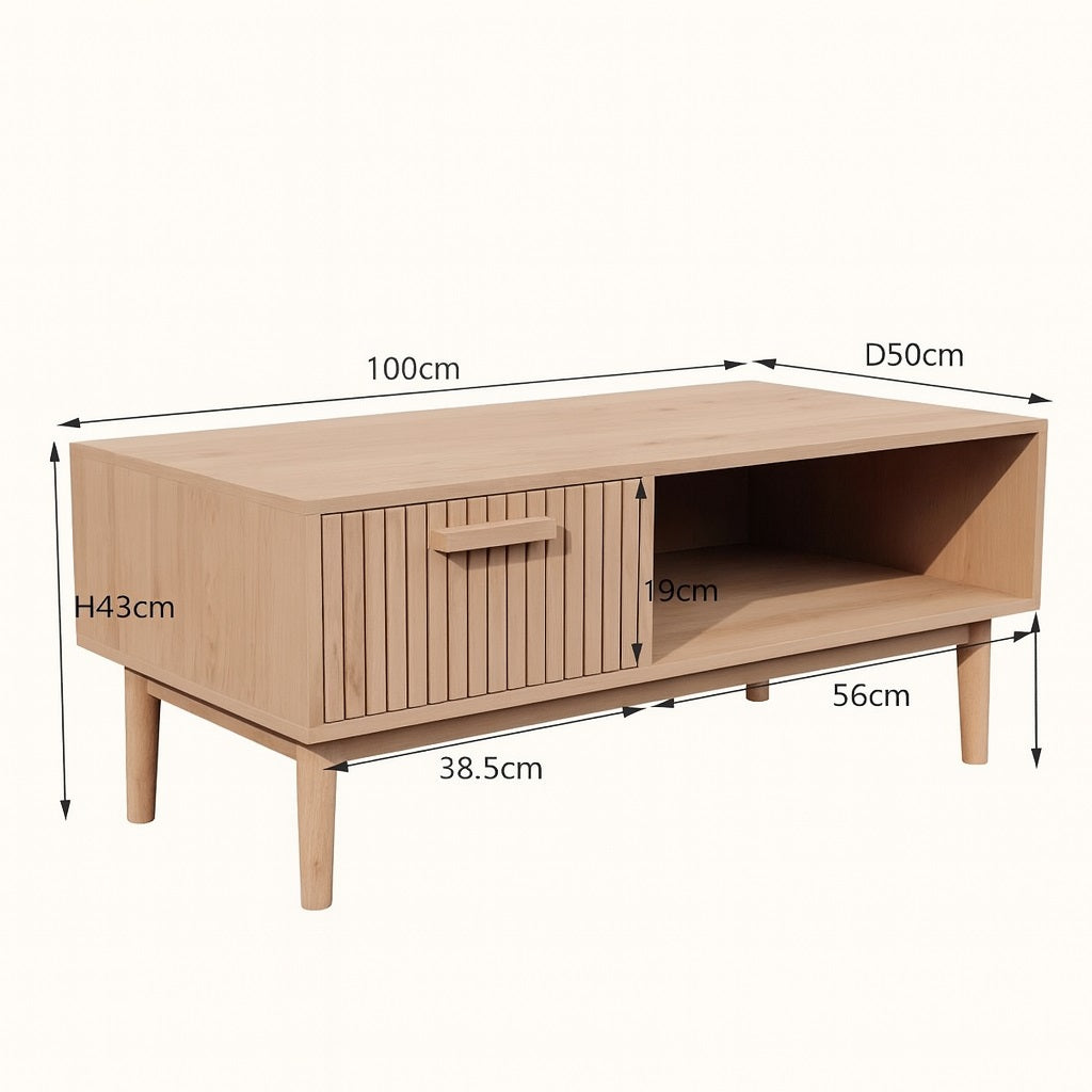 Dimensions détaillées de la table basse en bois Lignum, 100x50x43 cm, design scandinave.