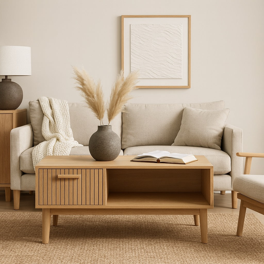 Table basse en bois Lignum mise en scène dans un salon scandinave élégant et lumineux.