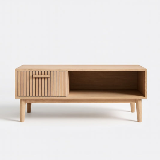 Vue frontale de la table basse en bois Lignum avec porte à lattes et espace de rangement ouvert.