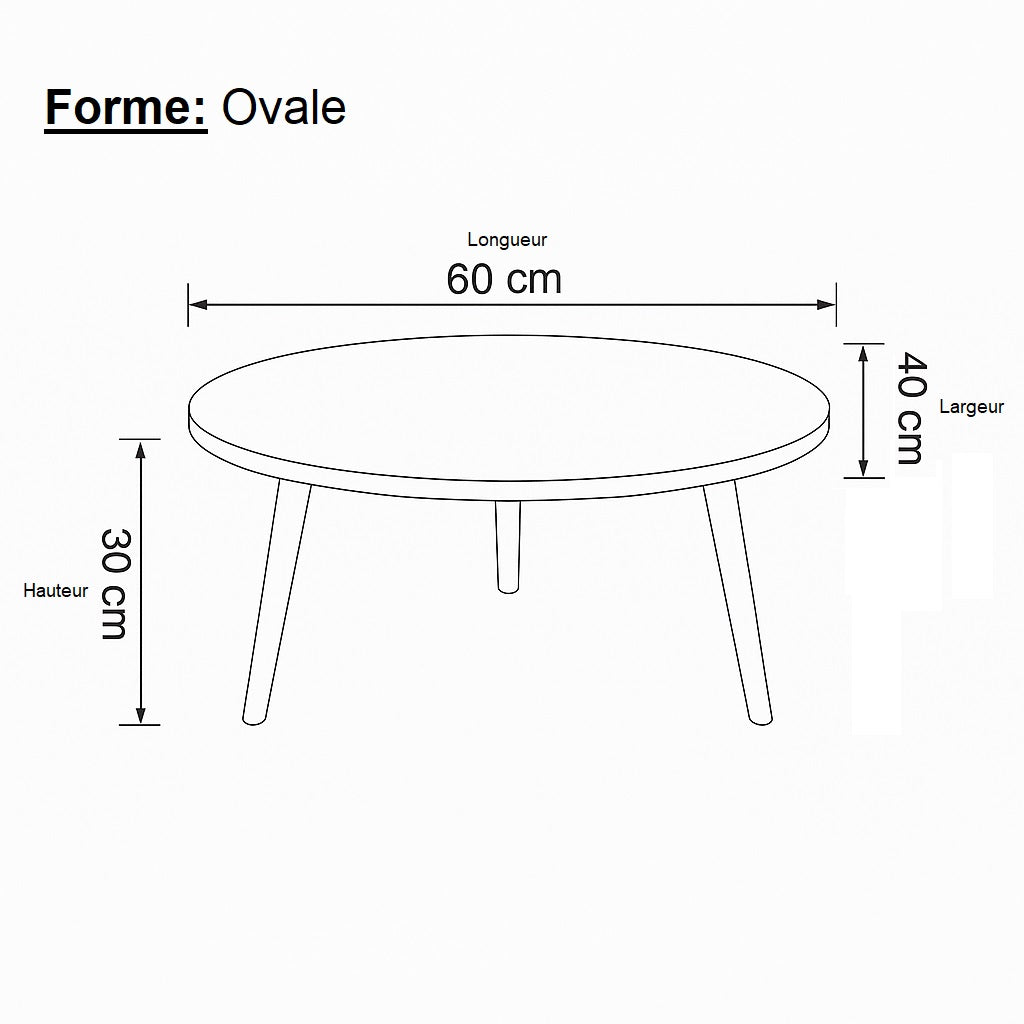 Dimensions d’une table basse ronde en bois, forme ovale 60×40 cm et hauteur 30 cm.