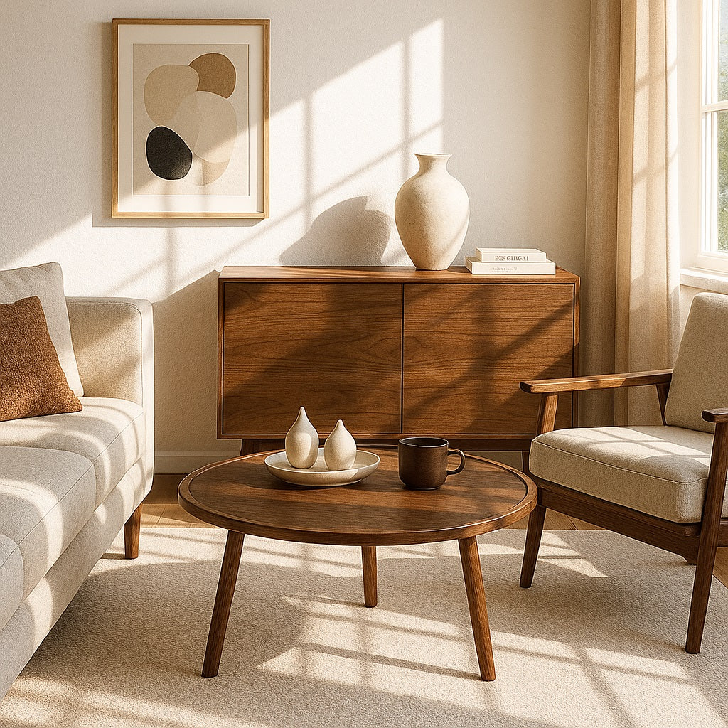 Table basse ronde en bois intégrée dans un salon chaleureux, décoration naturelle et moderne.