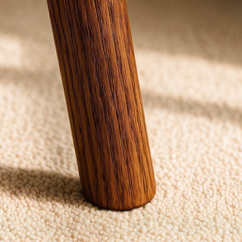 Détail du pied d’une table basse ronde en bois, finition naturelle et texture authentique.