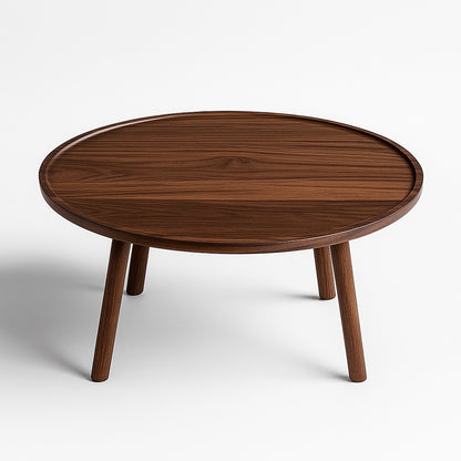 Table basse ronde en bois naturel avec pieds inclinés, design chaleureux et minimaliste pour salon moderne.