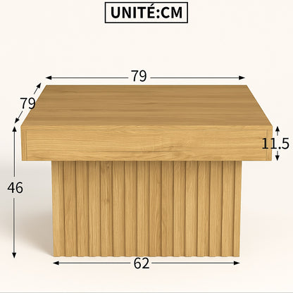 Dimensions détaillées d’une table basse en bois carrée 79x79 cm pour salon contemporain.