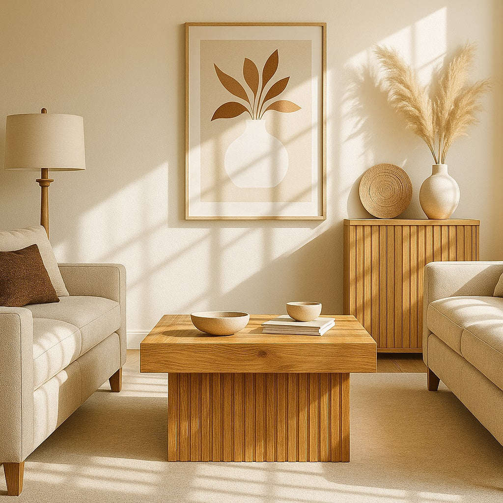Table basse de salon en bois clair, intégrée dans un décor beige et minimaliste.