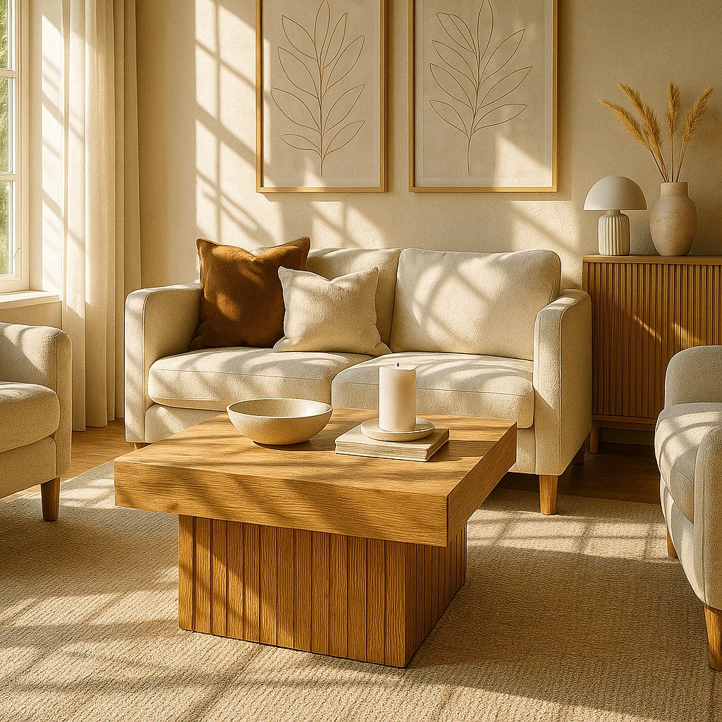 Table basse en bois dans salon lumineux, ambiance naturelle et apaisante, mobilier design.