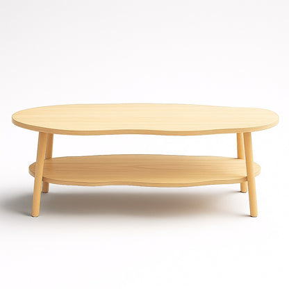 Table basse en bois clair Ondra vue 3/4, forme fluide avec double plateau fonctionnel et lignes douces.