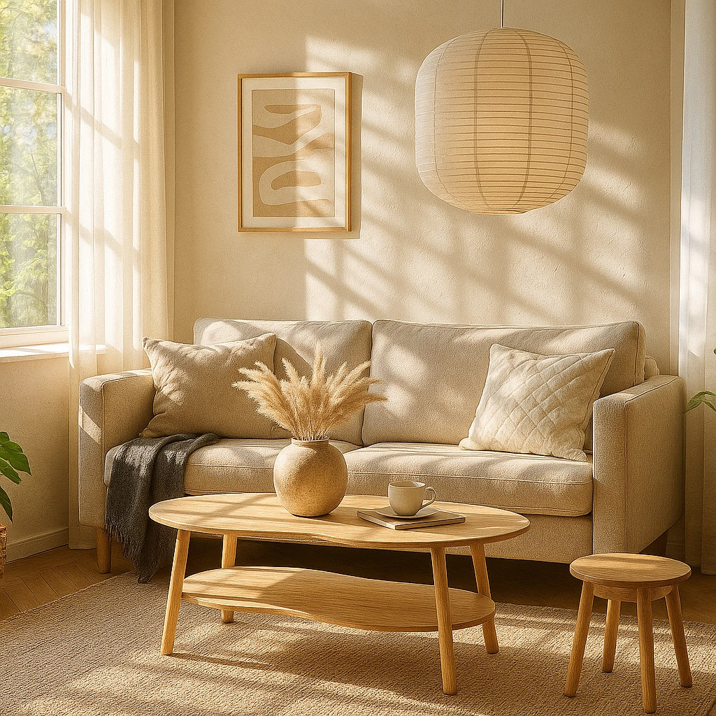 Table basse en bois clair Ondra dans salon lumineux, décoration beige scandinave et ambiance naturelle.