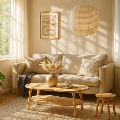 Table basse en bois clair Ondra dans salon lumineux, décoration beige scandinave et ambiance naturelle.