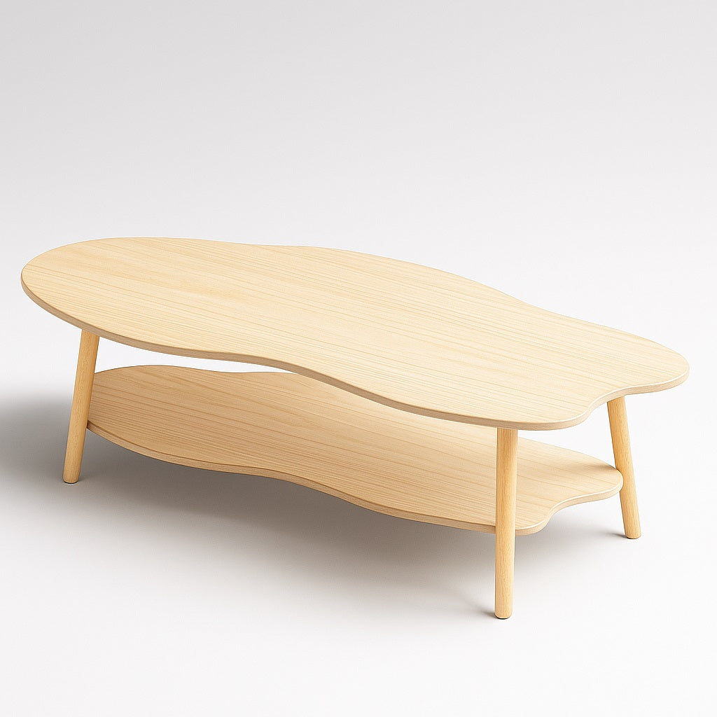 Table basse en bois clair design organique Ondra avec plateau double, style scandinave et naturel.