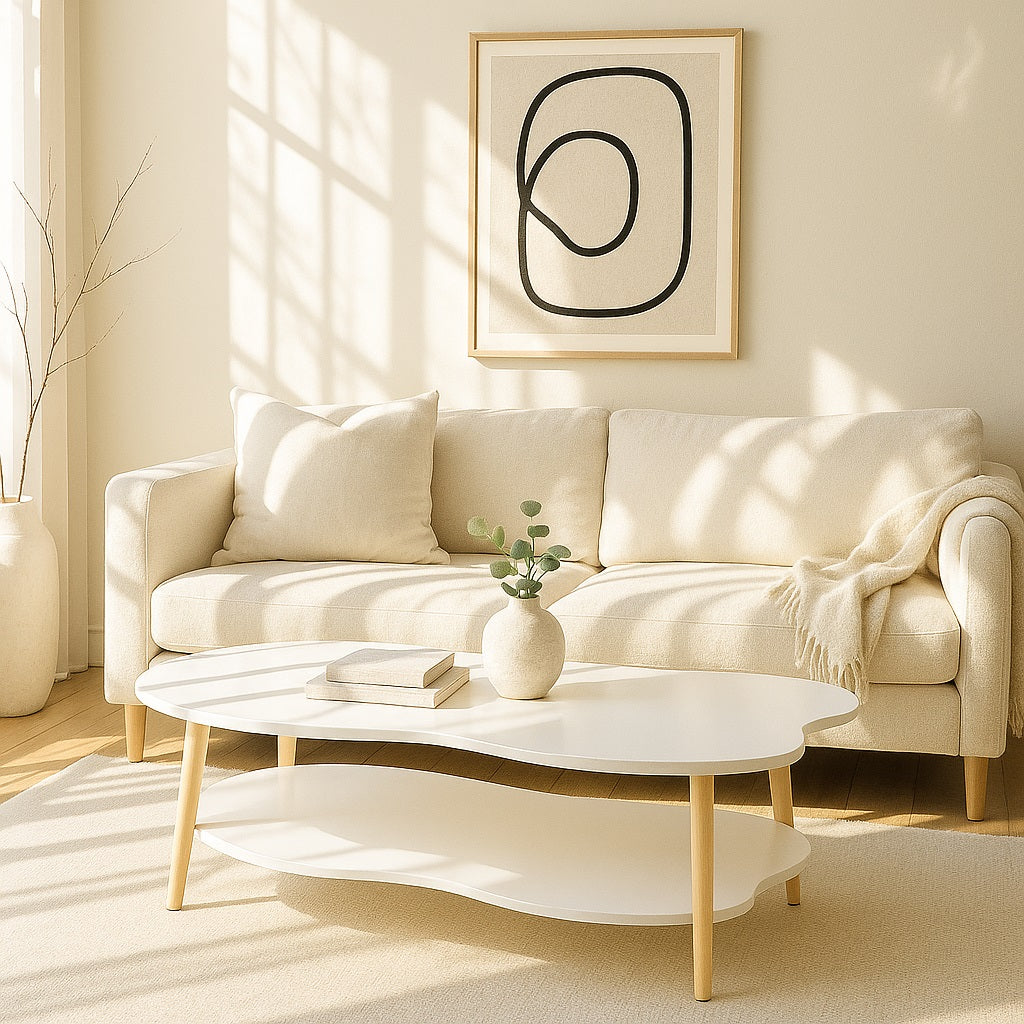 Table basse en bois blanc Ondra dans salon minimaliste, ambiance claire et chaleureuse nordique.