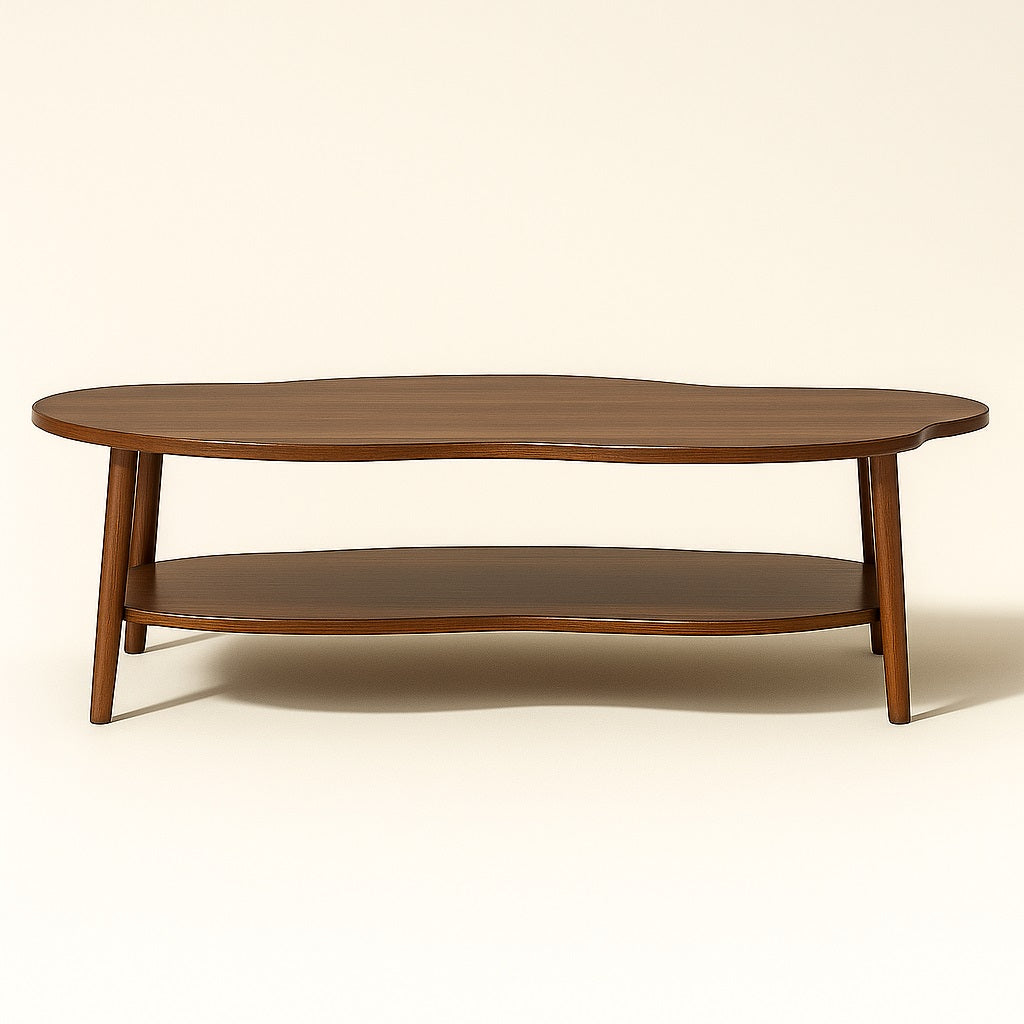 Table basse en bois foncé Ondra, vue latérale sur son plateau ondulé et ses pieds inclinés design.