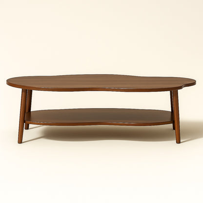 Table basse en bois foncé Ondra, vue latérale sur son plateau ondulé et ses pieds inclinés design.